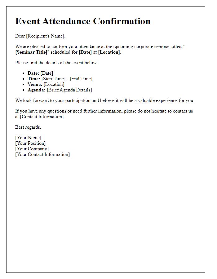 Letter template of event attendance confirmation for corporate seminars