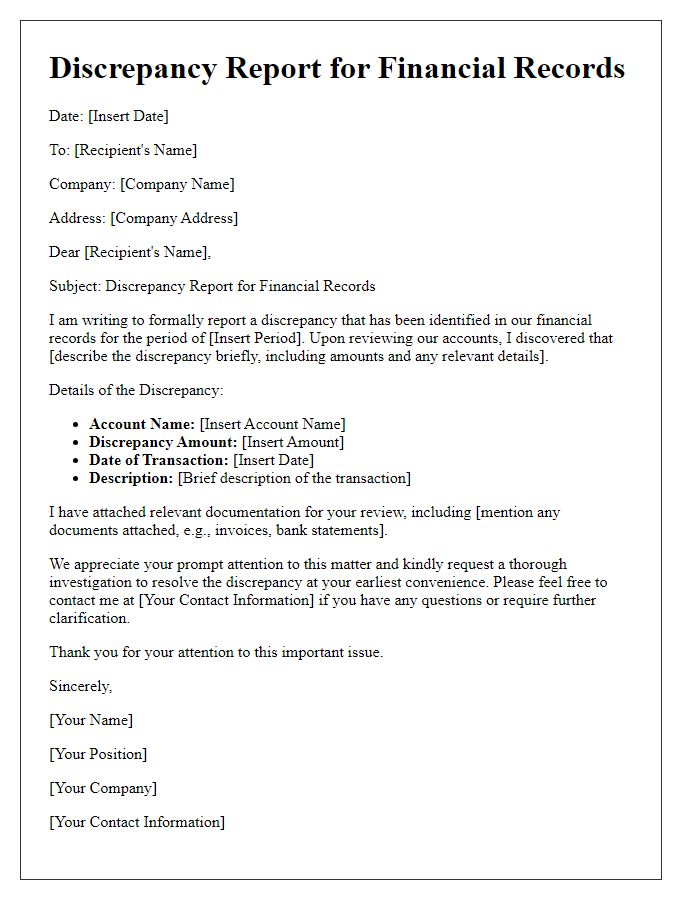 Letter template of Discrepancy Report for Financial Records