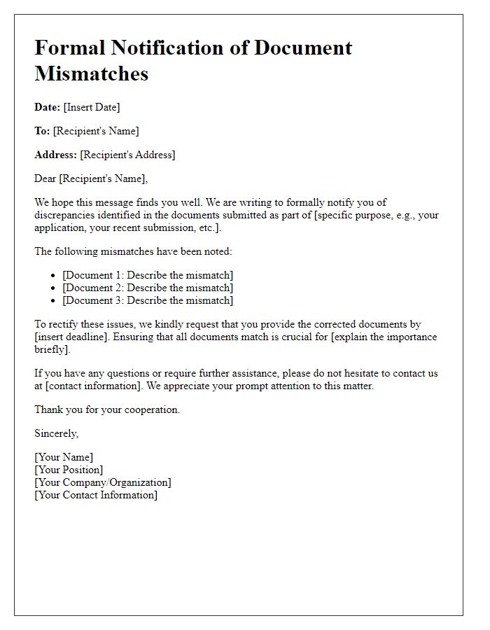 Letter template of Formal Notification of Document Mismatches