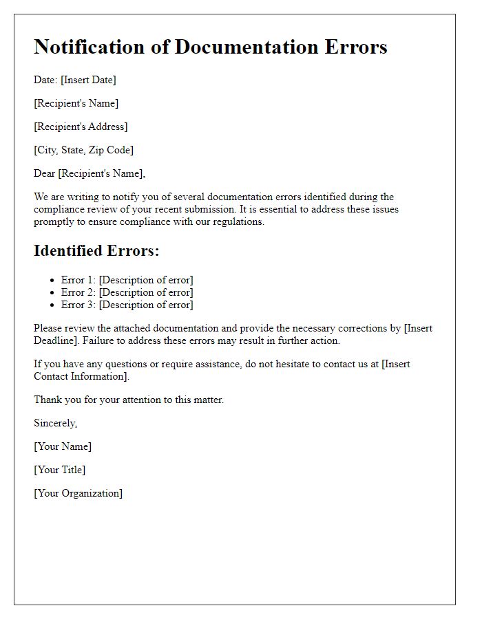 Letter template of Notification of Documentation Errors for Compliance Review