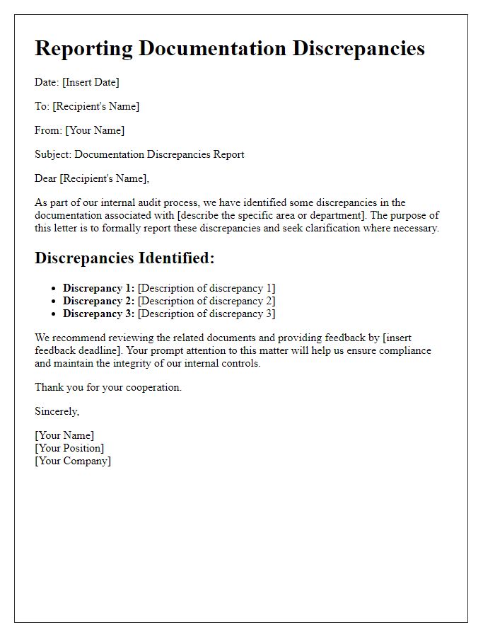 Letter template of Reporting Documentation Discrepancies for Internal Audit