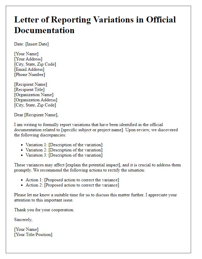 Letter template of Reporting Variations in Official Documentation