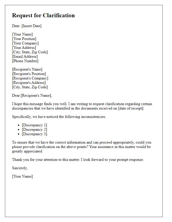 Letter template of Request for Clarification on Document Discrepancies