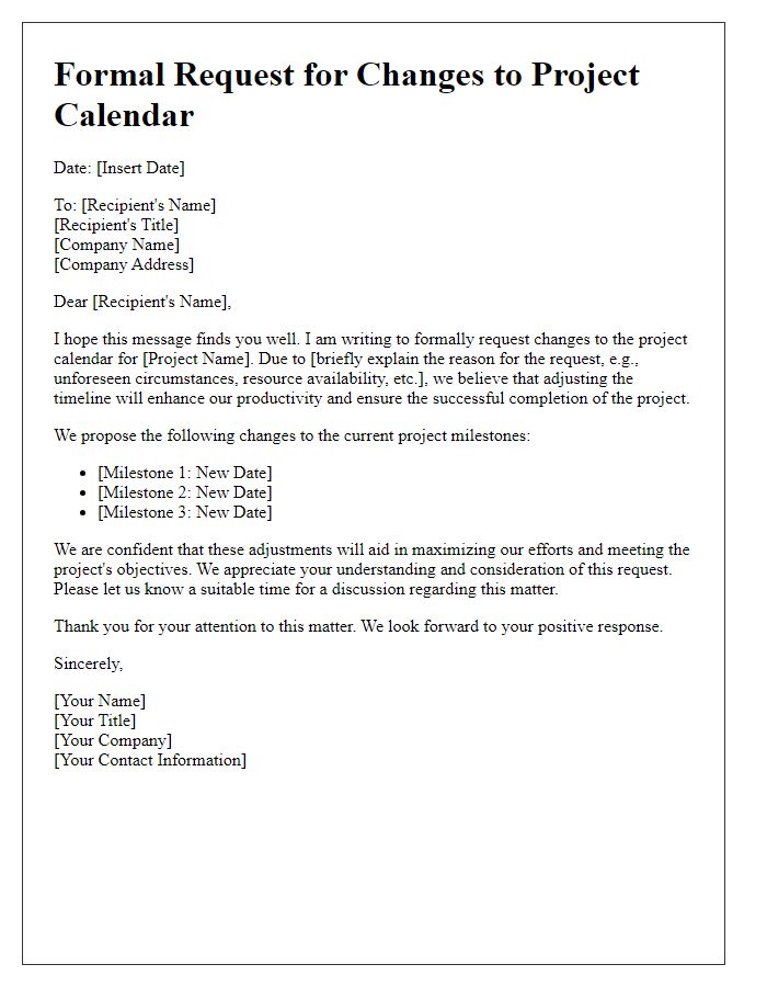 Letter template of formal request for changes to project calendar