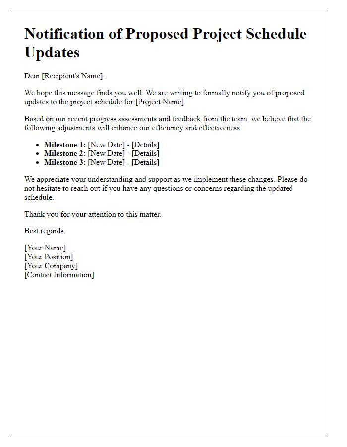 Letter template of notification for proposed project schedule updates