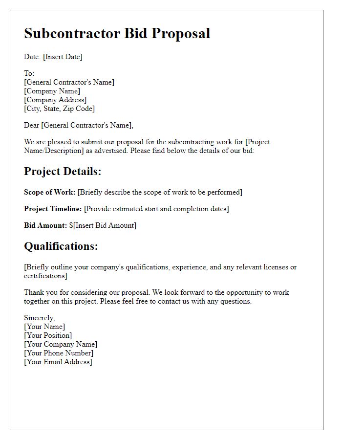 Letter template of subcontractor bid proposal for construction projects.