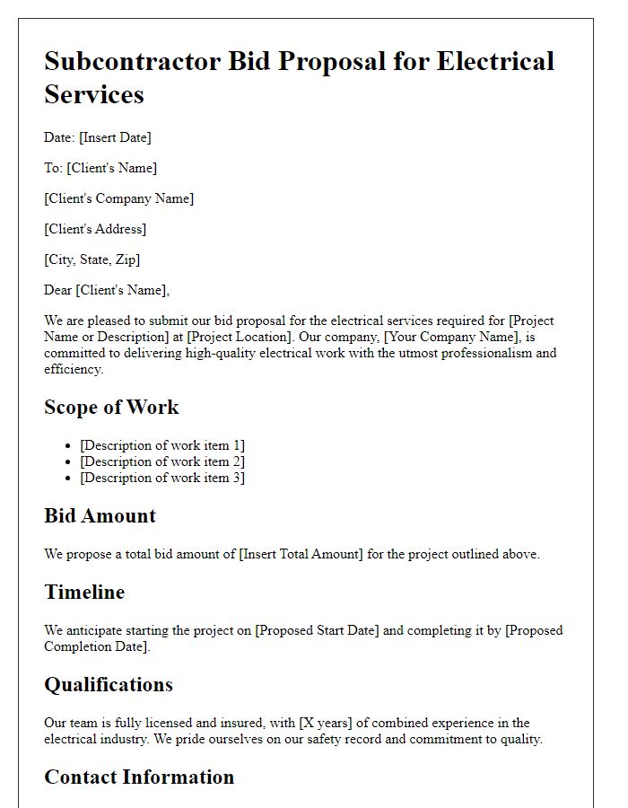 Letter template of subcontractor bid proposal for electrical services.