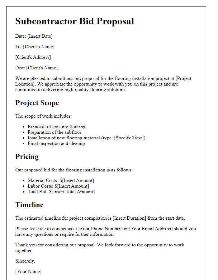 Letter template of subcontractor bid proposal for flooring installation.