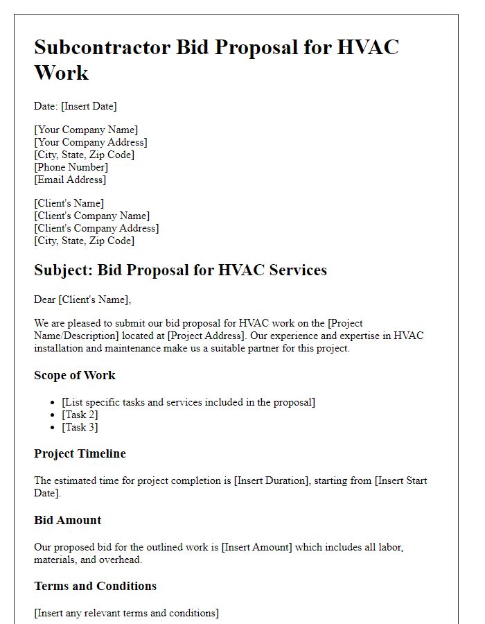 Letter template of subcontractor bid proposal for HVAC work.