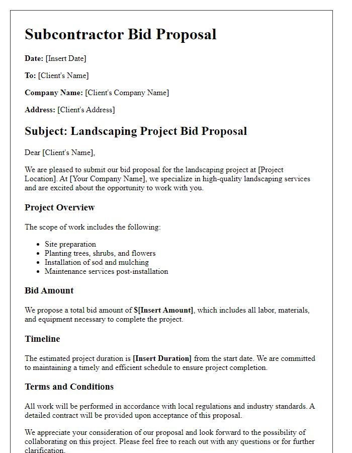 Letter template of subcontractor bid proposal for landscaping projects.