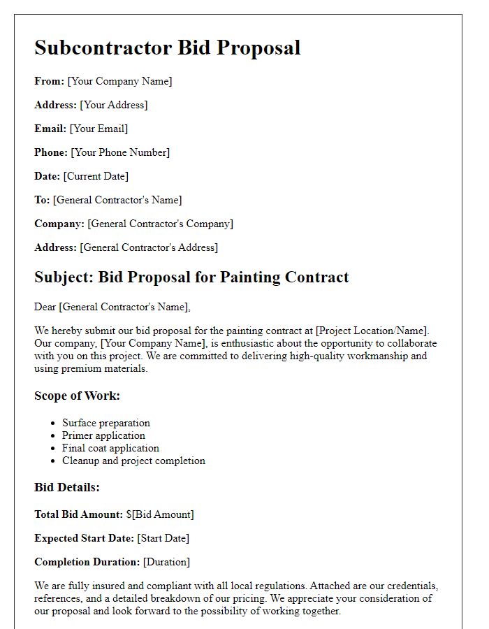 Letter template of subcontractor bid proposal for painting contracts.