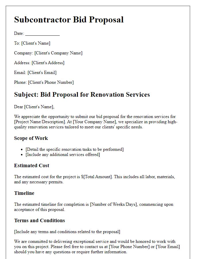 Letter template of subcontractor bid proposal for renovation services.