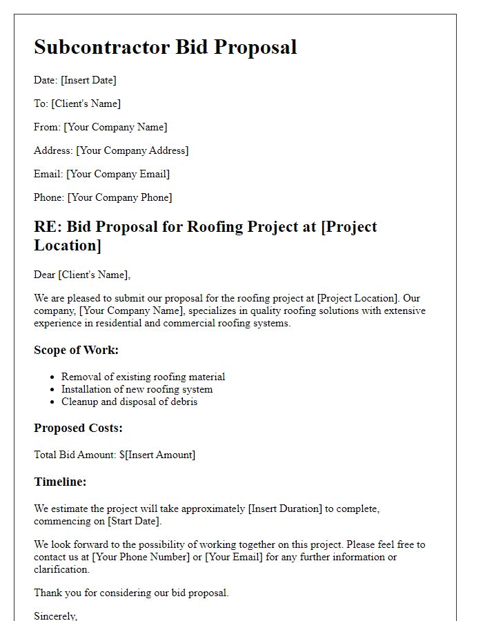 Letter template of subcontractor bid proposal for roofing jobs.