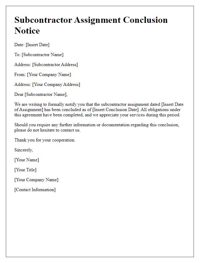 Letter template of subcontractor assignment conclusion notice