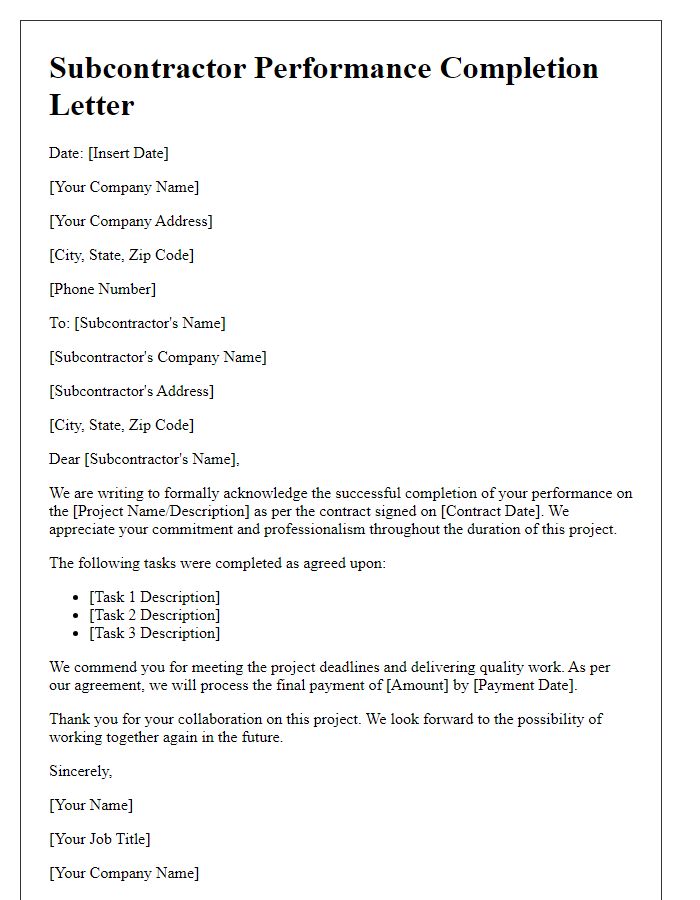 Letter template of subcontractor performance completion letter