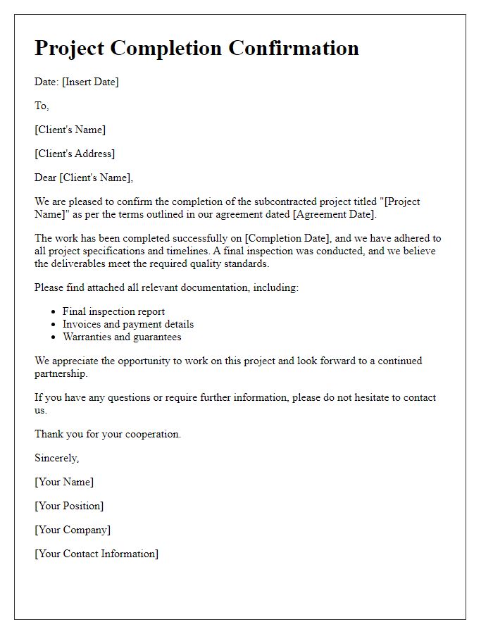 Letter template of subcontractor project completion confirmation