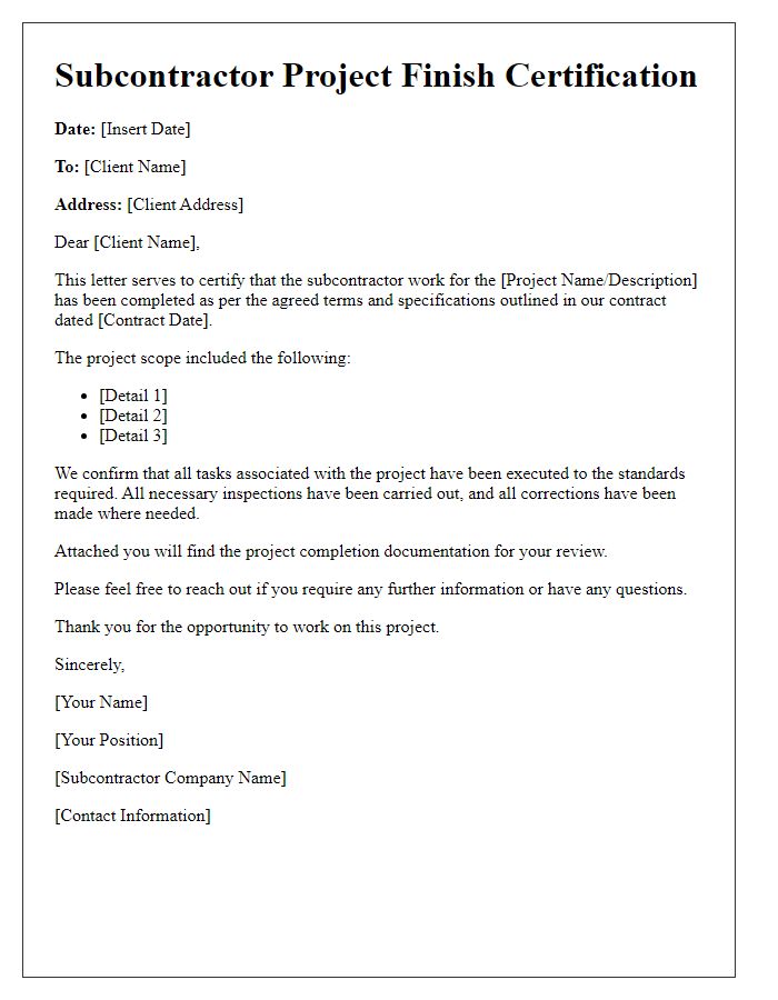 Letter template of subcontractor project finish certification