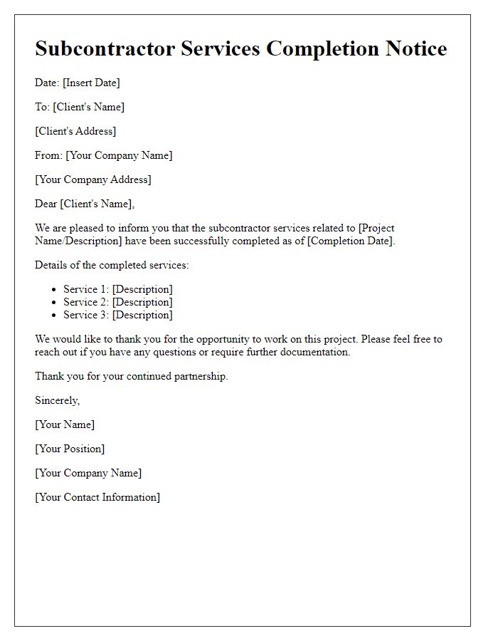 Letter template of subcontractor services completion notice