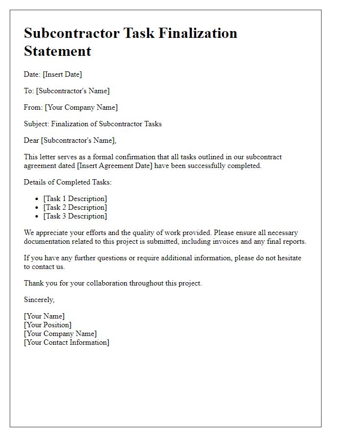 Letter template of subcontractor task finalization statement