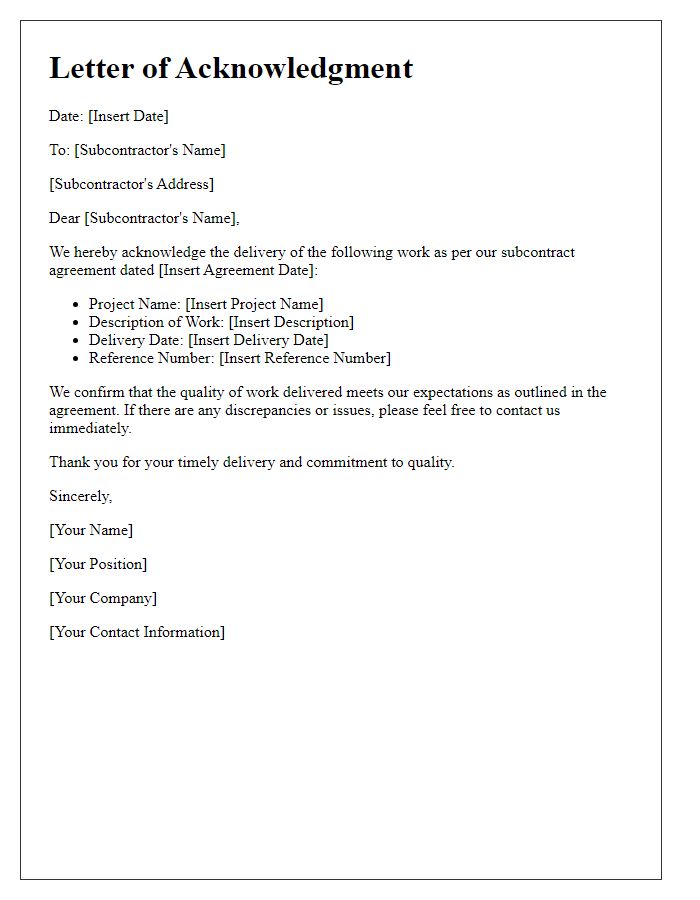 Letter template of subcontractor work delivery acknowledgment