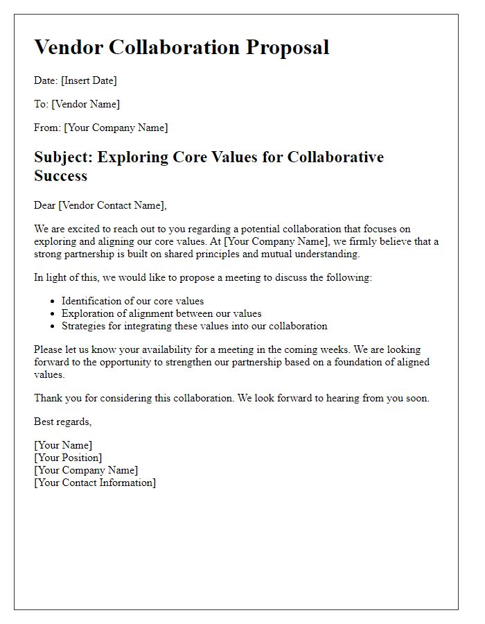 Letter template of vendor collaboration on core values exploration.