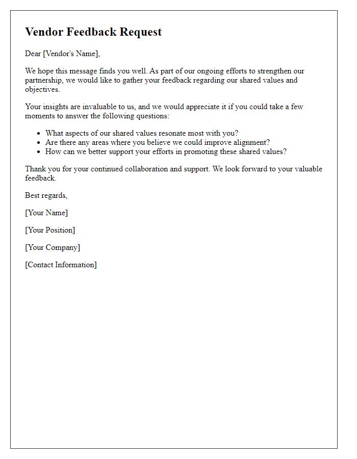 Letter template of vendor feedback request regarding shared values.