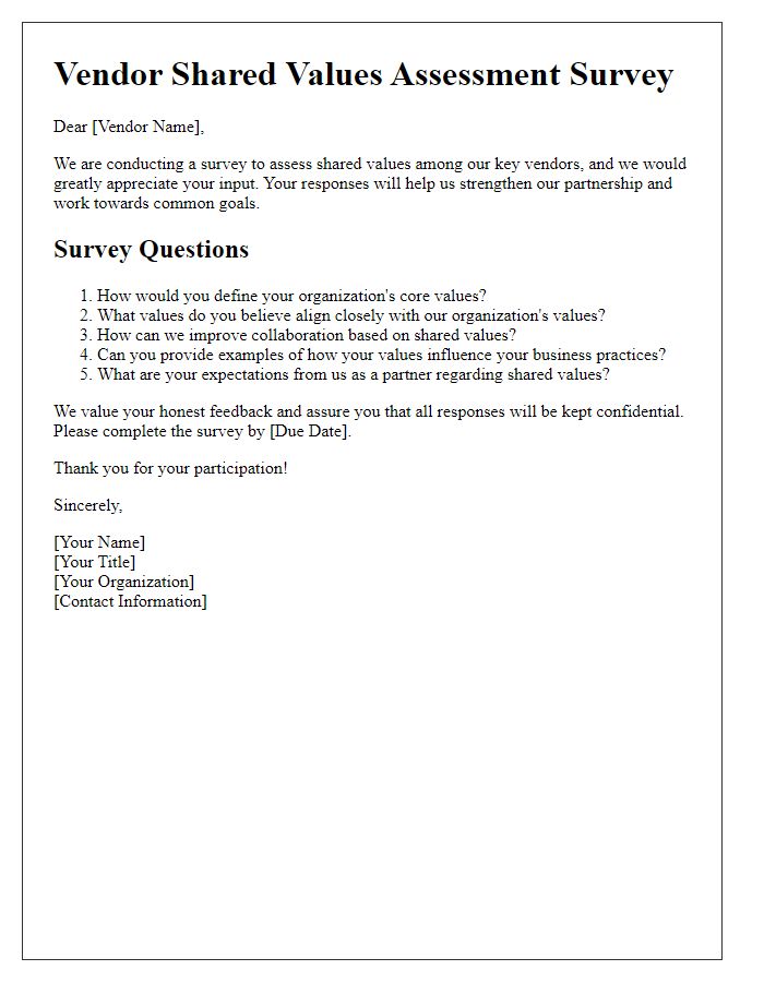 Letter template of vendor survey on shared values assessment.