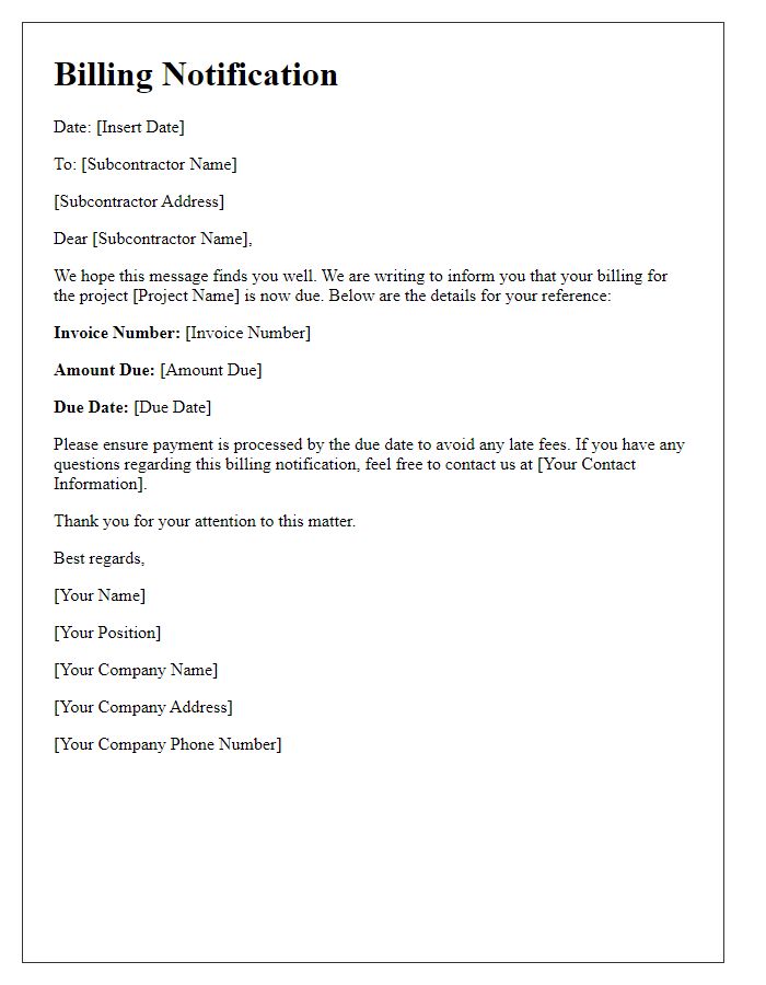 Letter template of subcontractor billing notification