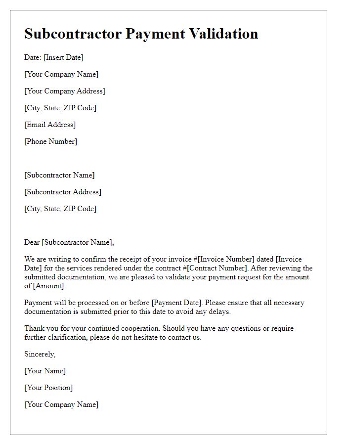 Letter template of subcontractor payment validation