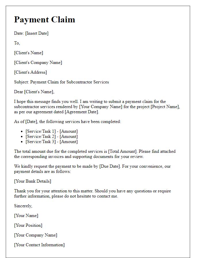 Letter template of subcontractor service payment claim