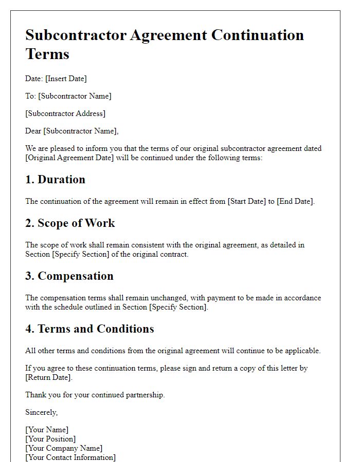 Letter template of subcontractor agreement continuation terms.