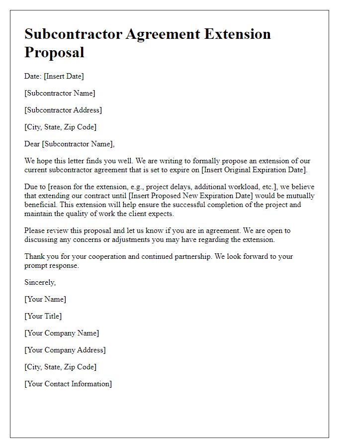 Letter template of subcontractor agreement extension proposal.