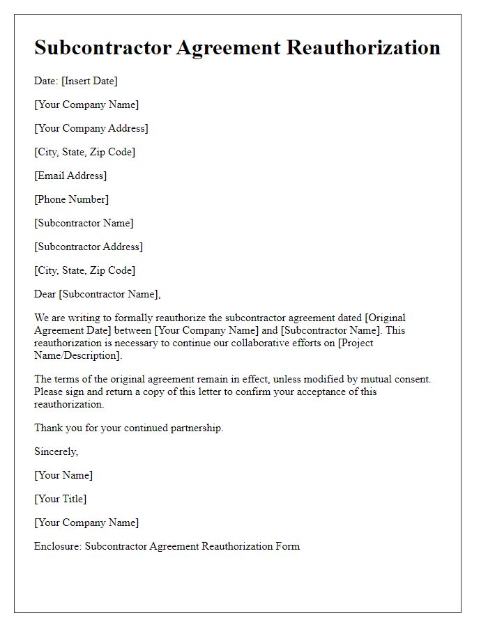 Letter template of subcontractor agreement reauthorization.