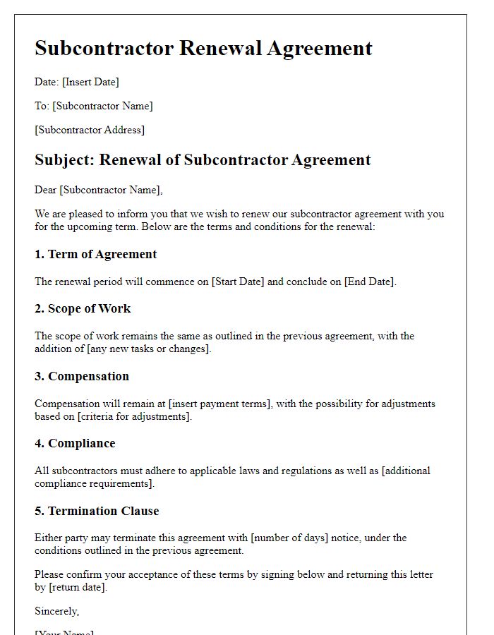 Letter template of subcontractor renewal terms and conditions.