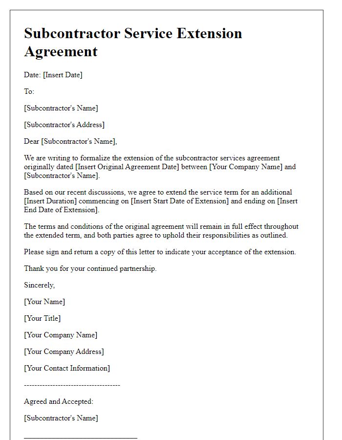 Letter template of subcontractor service extension agreement.