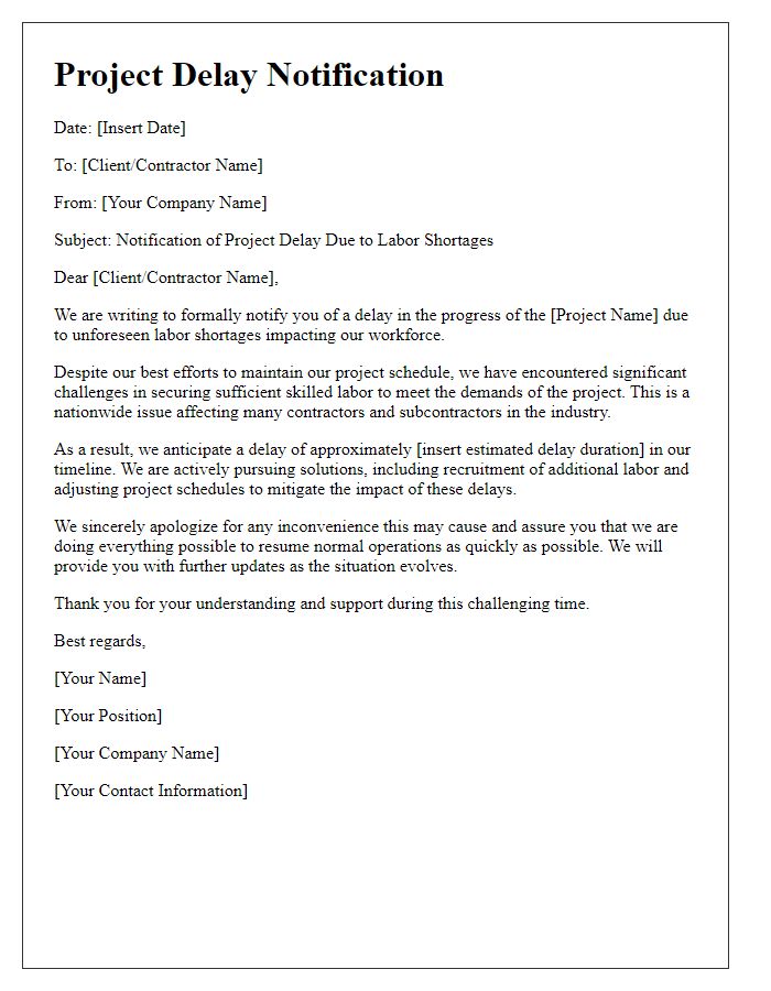 Letter template of subcontractor project delay notification addressing labor shortages