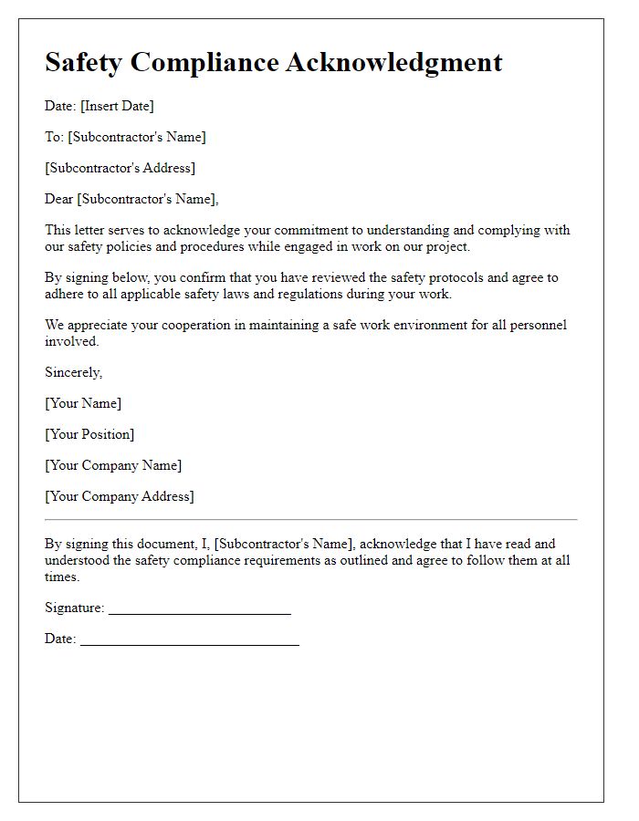 Letter template of safety compliance acknowledgment for subcontractors