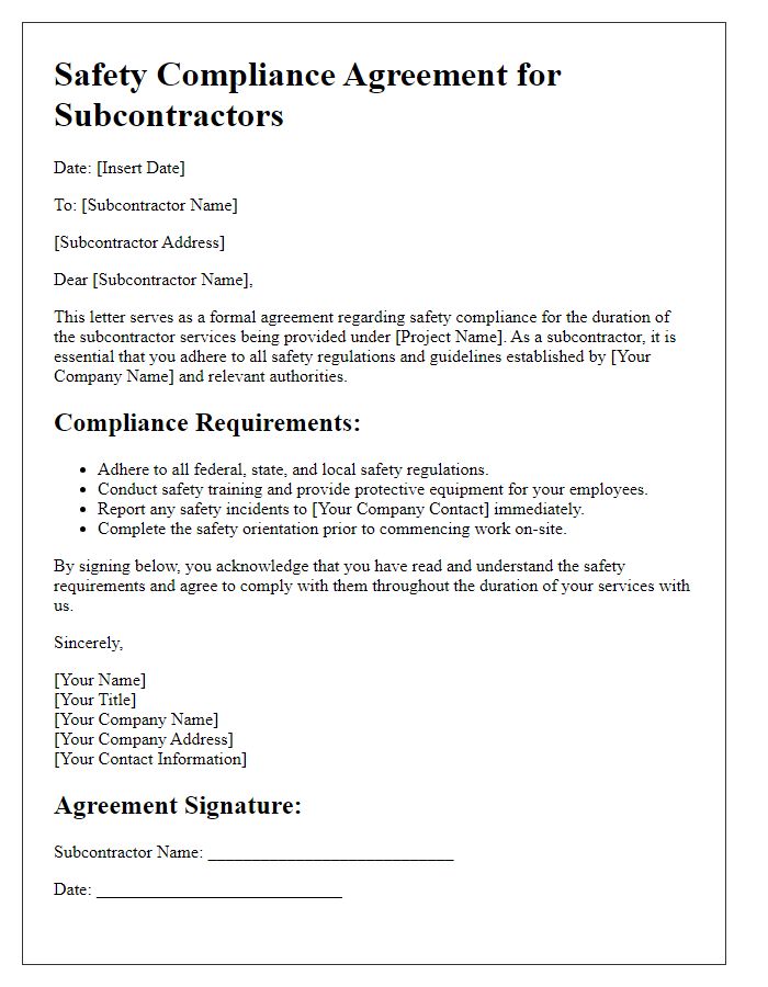 Letter template of safety compliance agreement for subcontractors