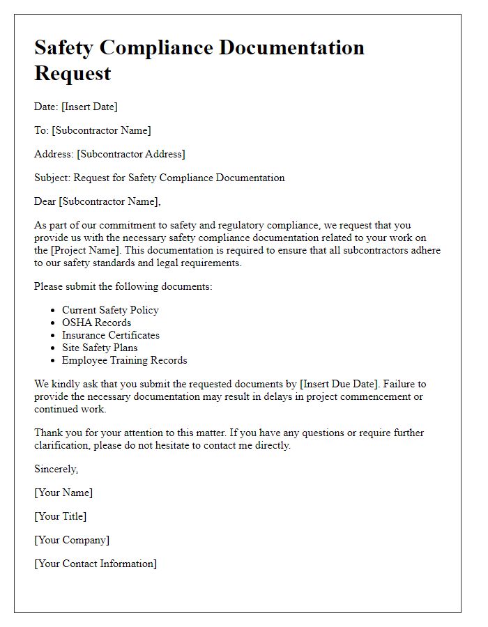 Letter template of safety compliance documentation request for subcontractors