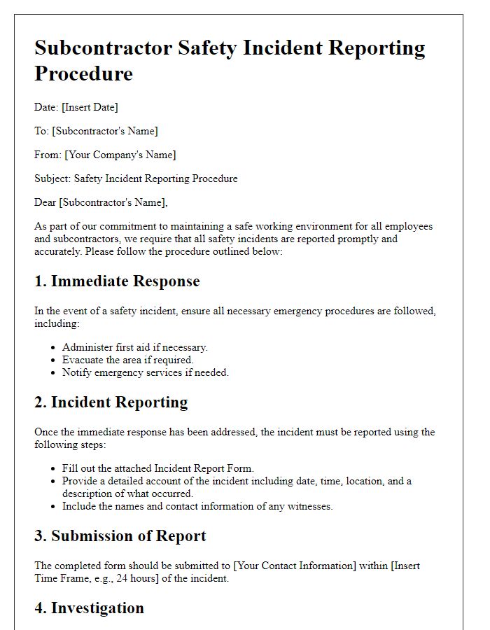 Letter template of subcontractor safety incident reporting procedure