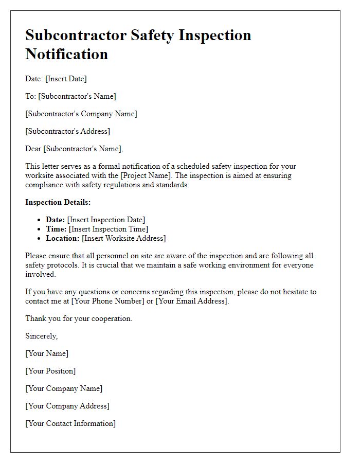 Letter template of subcontractor safety inspection notification