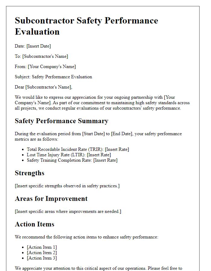 Letter template of subcontractor safety performance evaluation