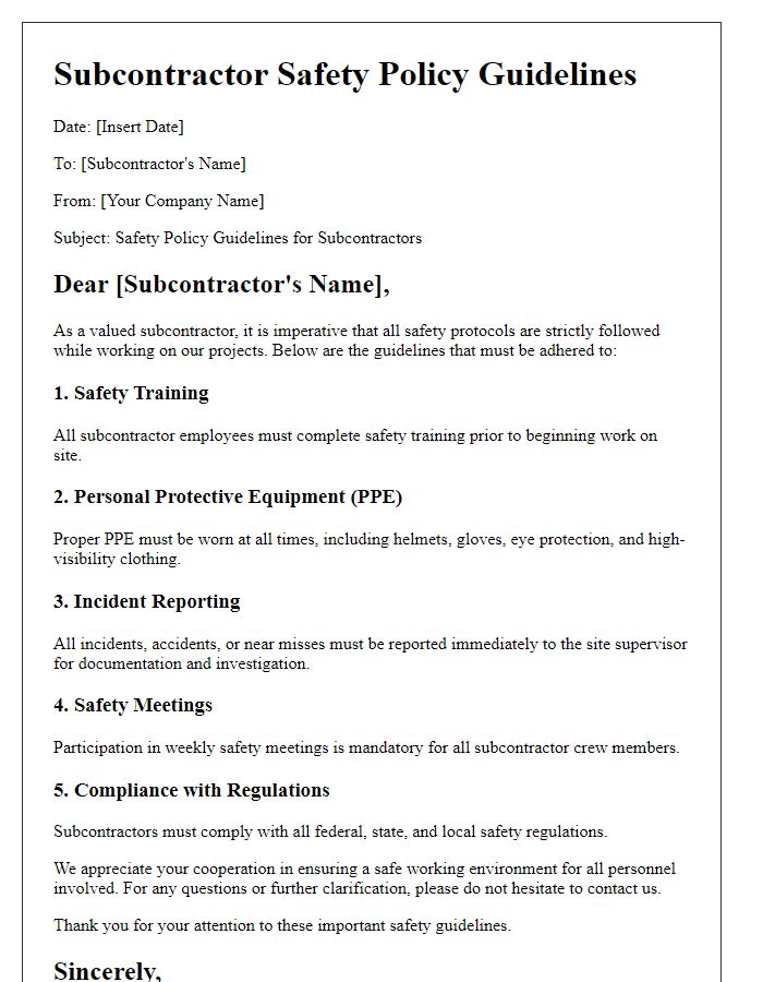 Letter template of subcontractor safety policy guidelines