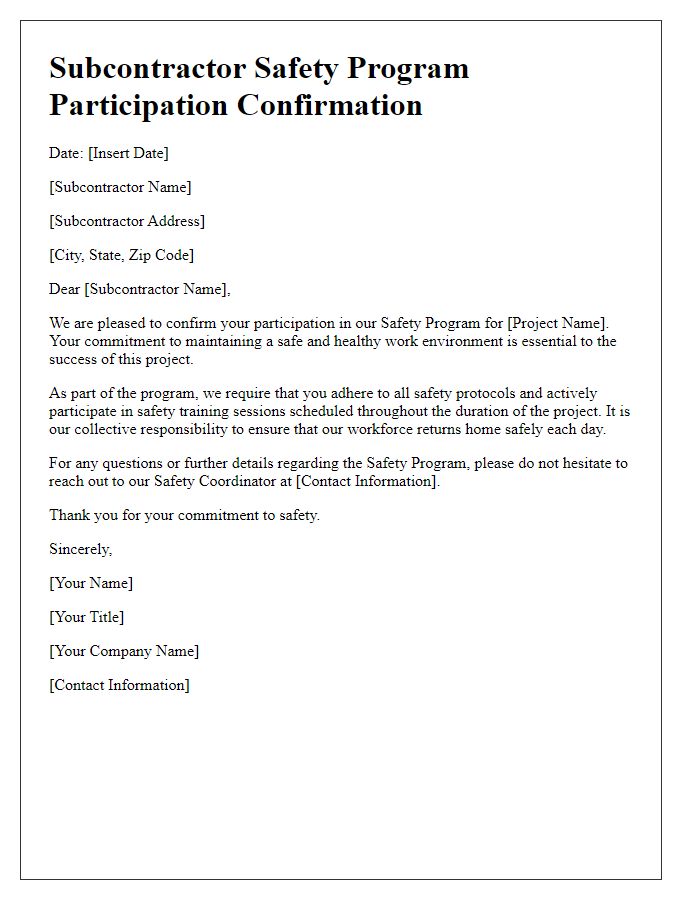 Letter template of subcontractor safety program participation confirmation