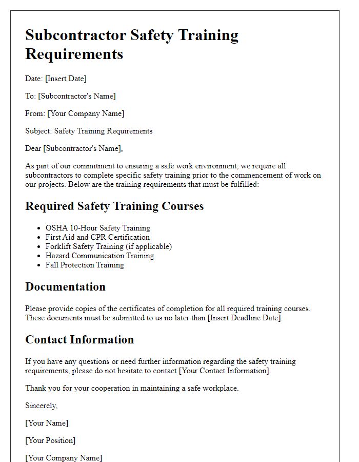 Letter template of subcontractor safety training requirements