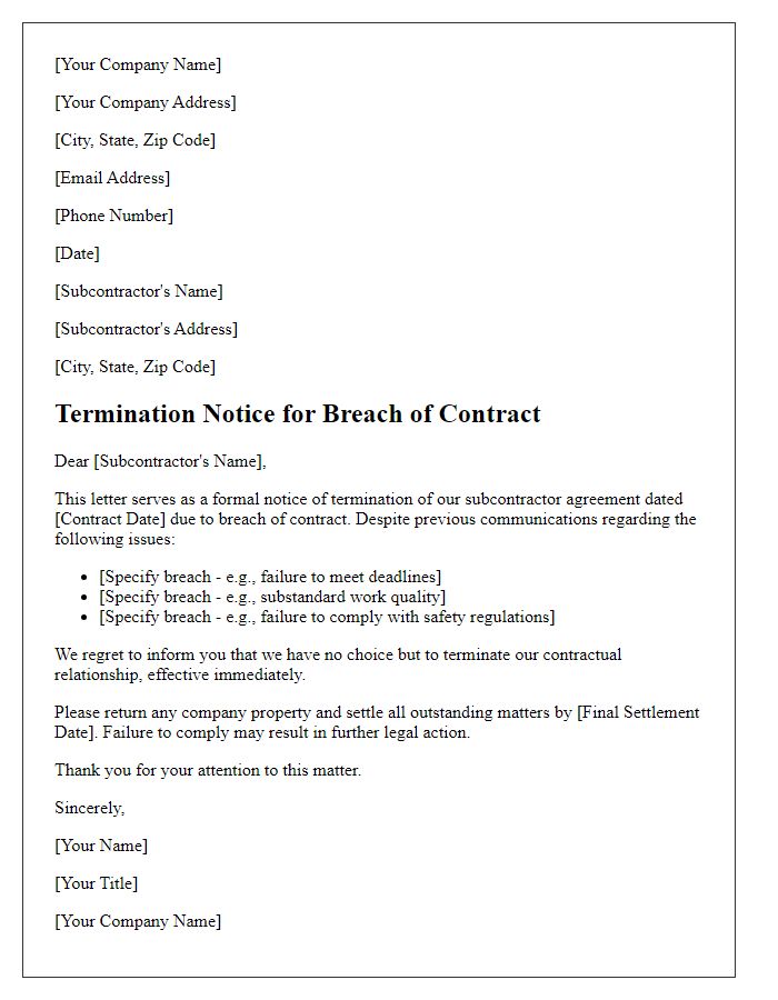 Letter template of subcontractor termination notice for breach of contract.