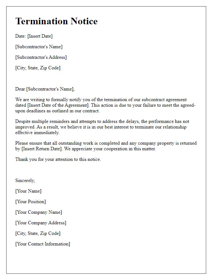 Letter template of subcontractor termination notice for failure to meet deadlines.