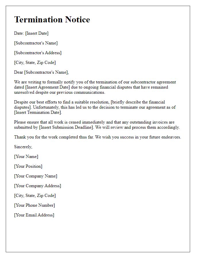 Letter template of subcontractor termination notice for financial disputes.