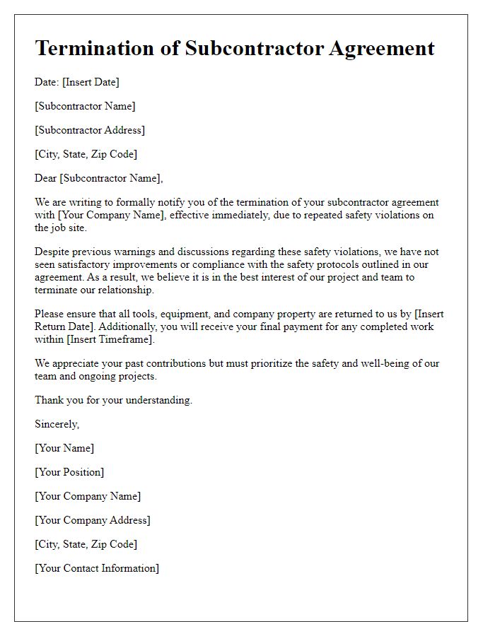 Letter template of subcontractor termination notice following safety violations.