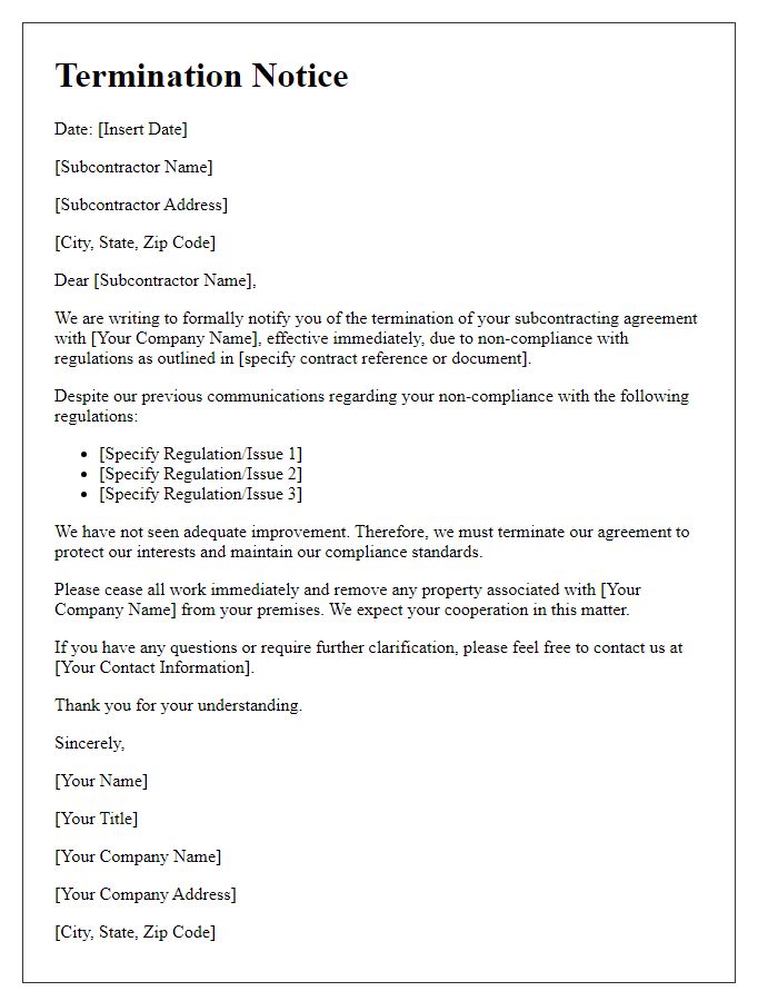 Letter template of subcontractor termination notice for non-compliance with regulations.